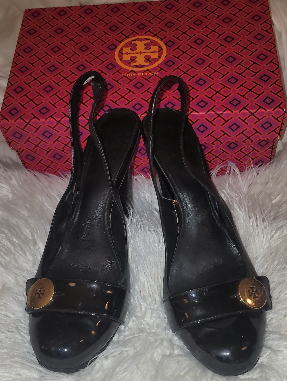 Tory Burch Black Patent Slingback Heels with Gold Logo Accents